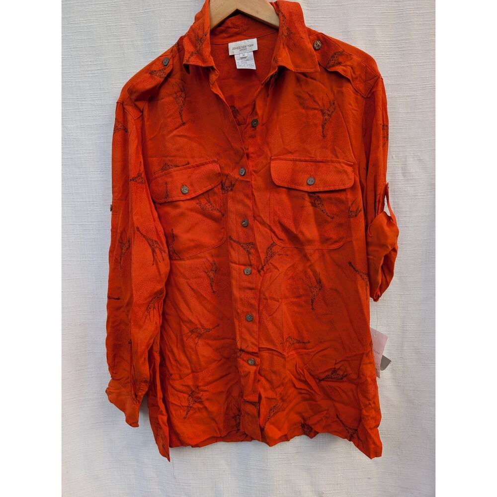 Jones New York Sport Womens‎ Vtg Rayon Button Up Blouse M Safari Jungle 90s